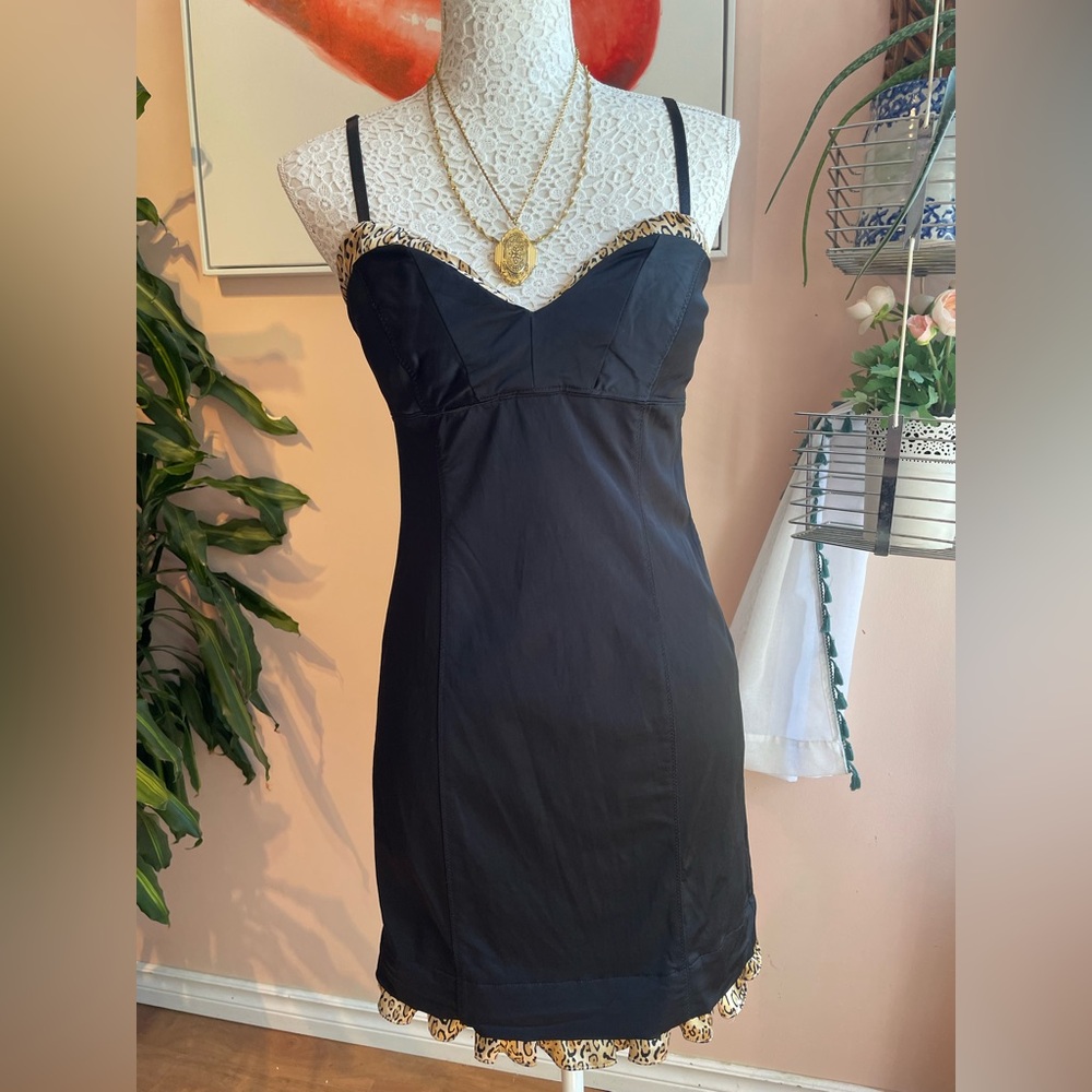 Vintage y2k Sexy 'Guess' Black Mini Dress, Sweetheart Neckline, Leopard Accents
